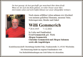 Traueranzeige von Willi Gemmerich von vrm-trauer