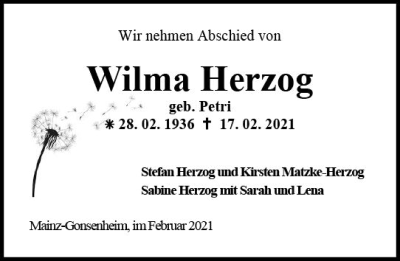  Traueranzeige für Wilma Herzog vom 27.02.2021 aus vrm-trauer