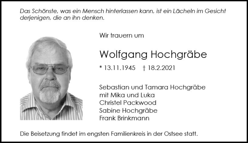  Traueranzeige für Wolfgang Hochgräbe vom 27.02.2021 aus vrm-trauer