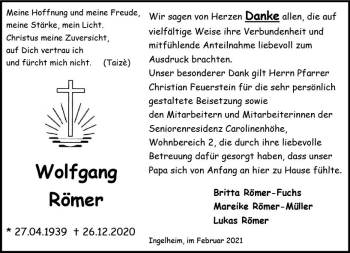 Traueranzeige von Wolfgang Römer von vrm-trauer