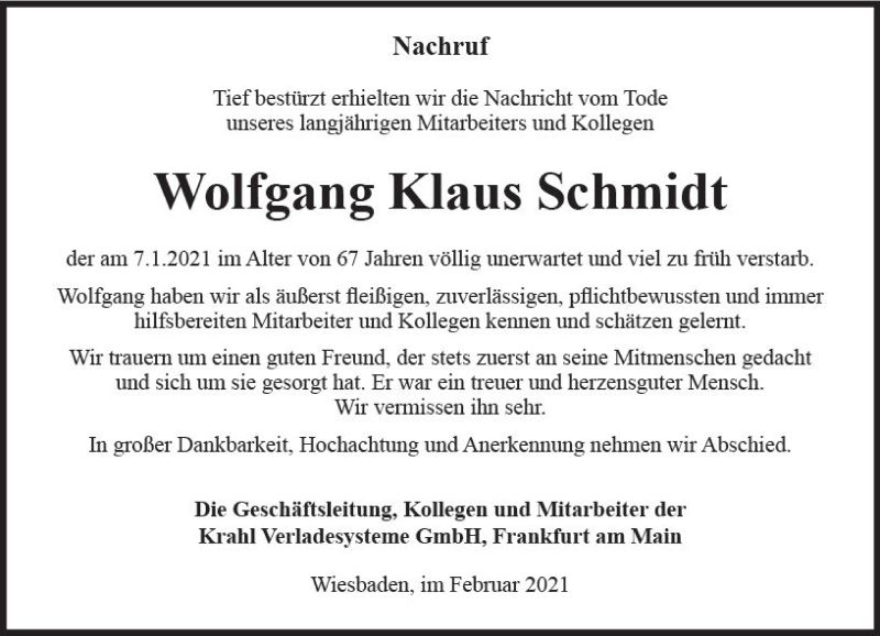  Traueranzeige für Wolfgang Klaus Schmidt vom 27.02.2021 aus vrm-trauer