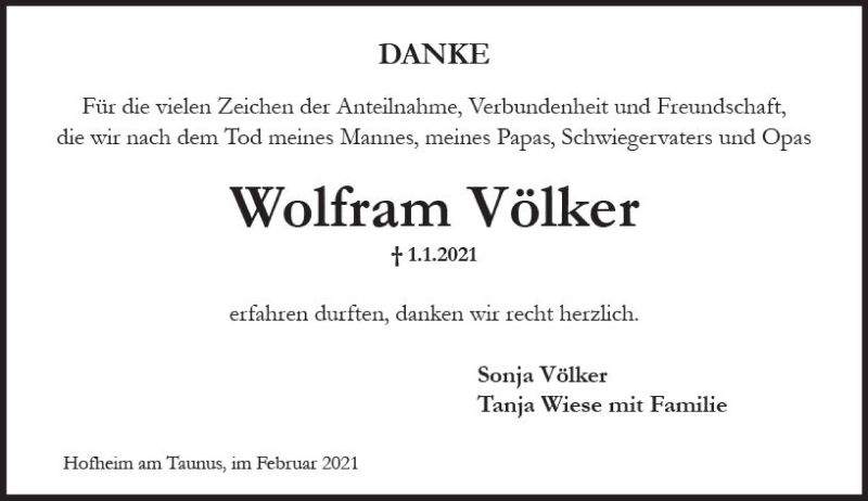  Traueranzeige für Wolfram Völker vom 12.02.2021 aus vrm-trauer