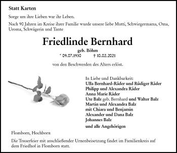 Traueranzeige von Friedlinde Bernhard von VRM Tageszeitungen