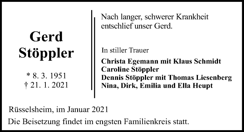  Traueranzeige für Gerd Stöppler vom 30.01.2021 aus vrm-trauer