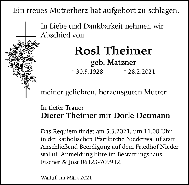  Traueranzeige für Rosl Theimer vom 03.03.2021 aus VRM Tageszeitungen