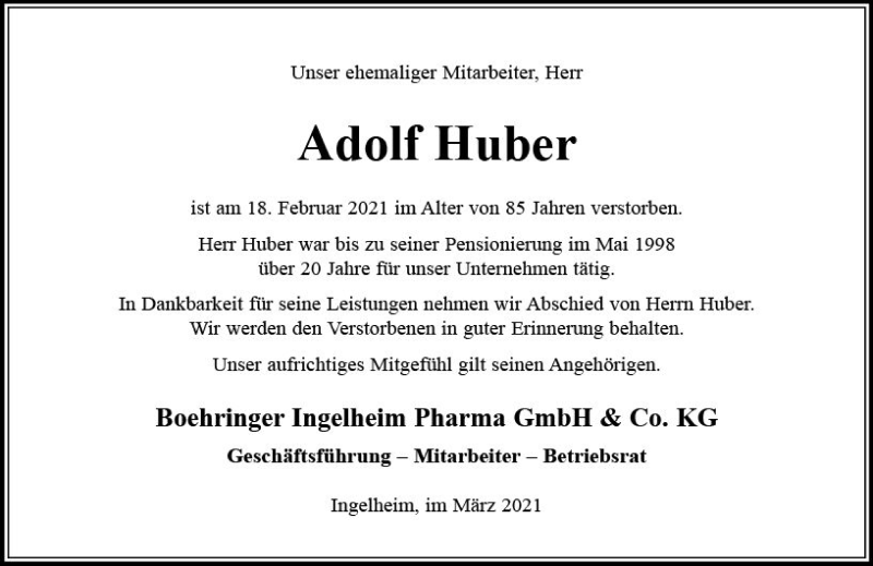 Traueranzeige für Adolf Huber vom 12.03.2021 aus vrm-trauer
