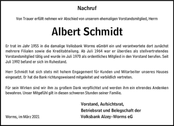 Traueranzeige von Albert Schmidt von vrm-trauer