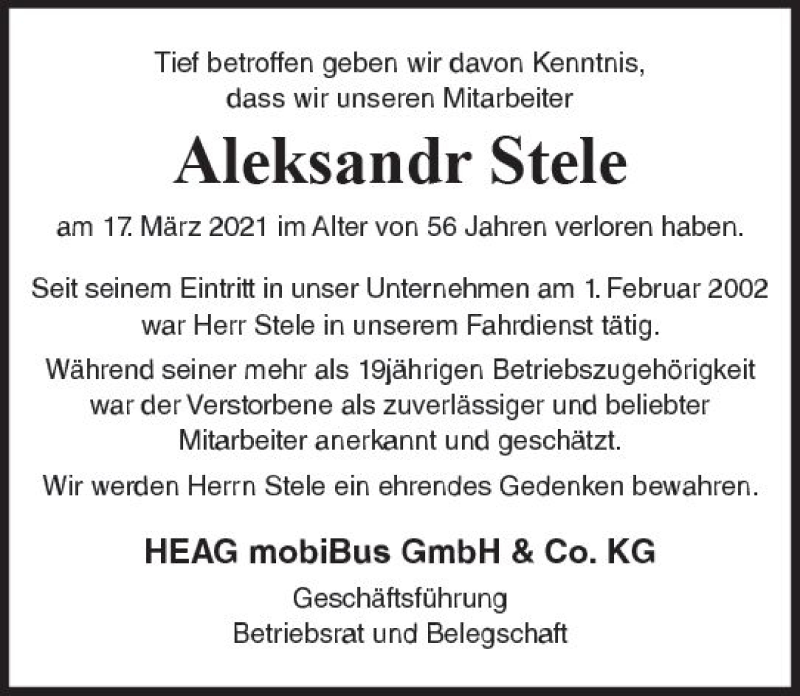  Traueranzeige für Aleksandr Stele vom 31.03.2021 aus vrm-trauer