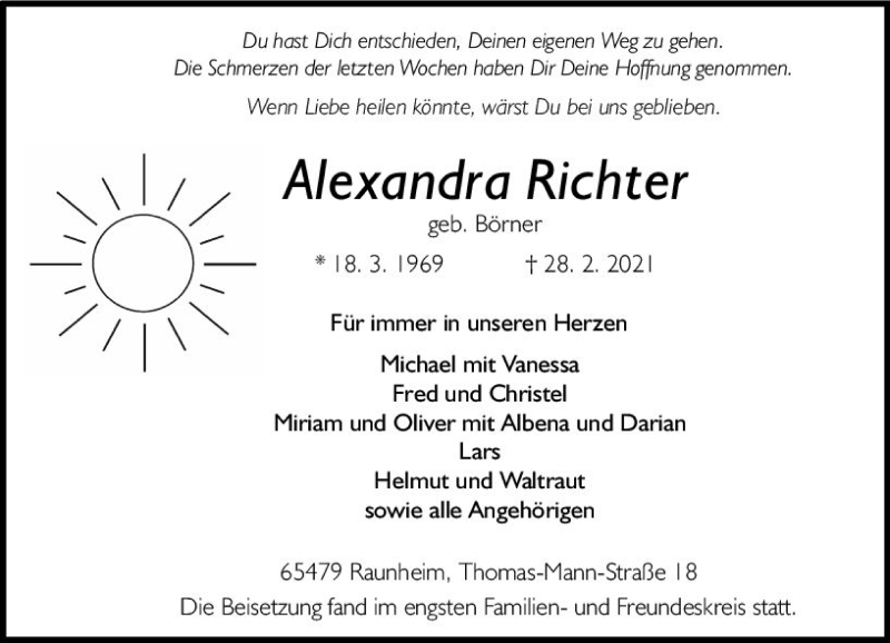  Traueranzeige für Alexandra Richter vom 13.03.2021 aus vrm-trauer