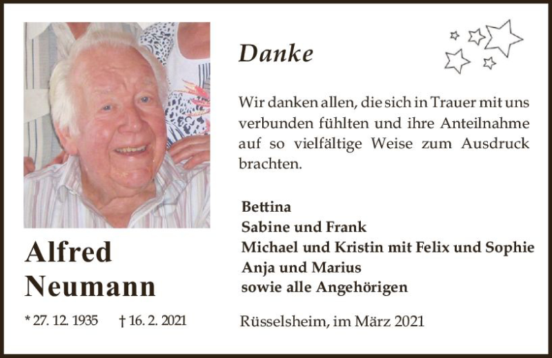  Traueranzeige für Alfred Neumann vom 20.03.2021 aus vrm-trauer