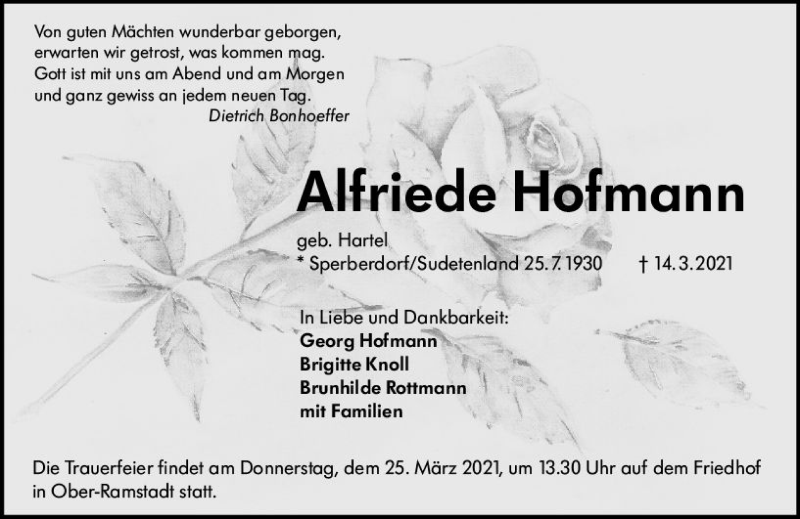  Traueranzeige für Alfriede Hofmann vom 20.03.2021 aus vrm-trauer