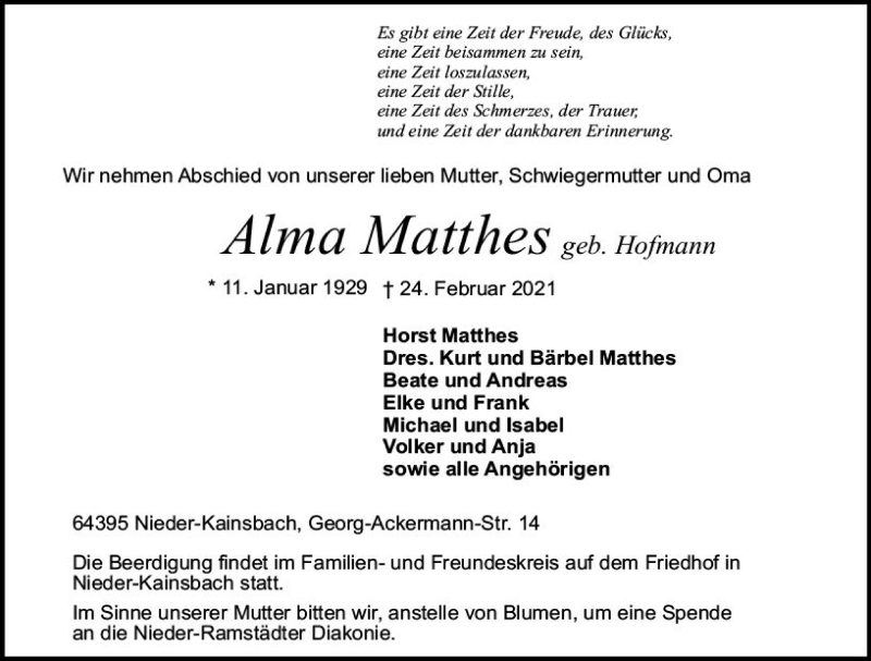  Traueranzeige für Alma Matthes vom 03.03.2021 aus vrm-trauer