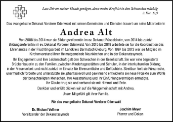 Traueranzeige von Andrea Alt von vrm-trauer