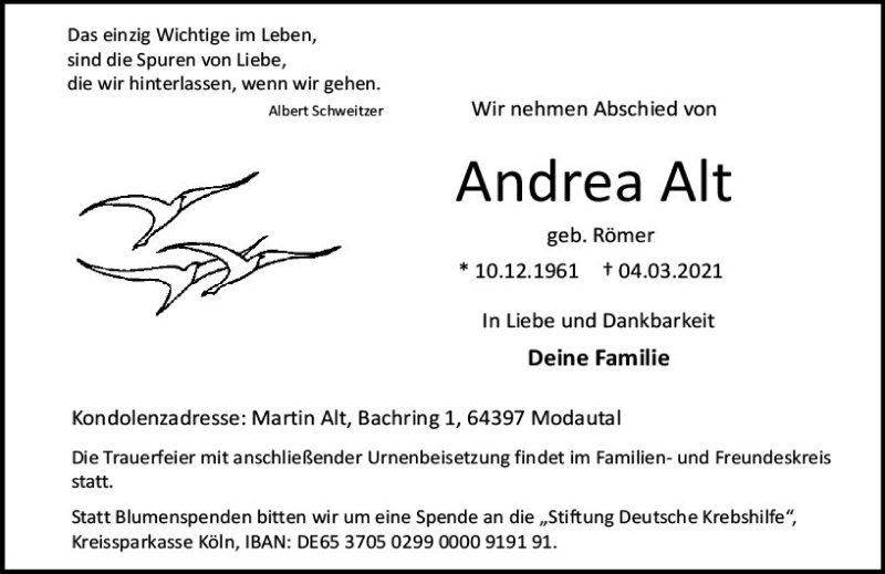  Traueranzeige für Andrea Alt vom 13.03.2021 aus vrm-trauer