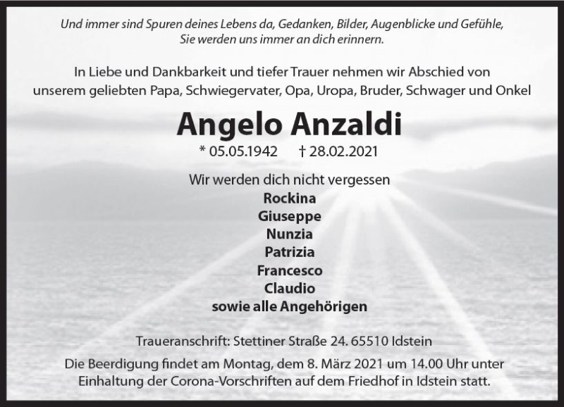  Traueranzeige für Angelo Anzaldi vom 06.03.2021 aus vrm-trauer