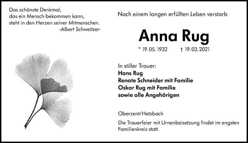  Traueranzeige für Anna Rug vom 27.03.2021 aus vrm-trauer