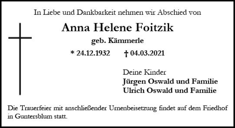  Traueranzeige für Anna Helene Foitzik vom 13.03.2021 aus vrm-trauer
