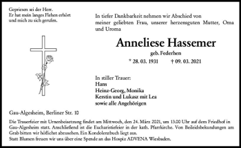 Traueranzeige von Anneliese Hassemer von vrm-trauer