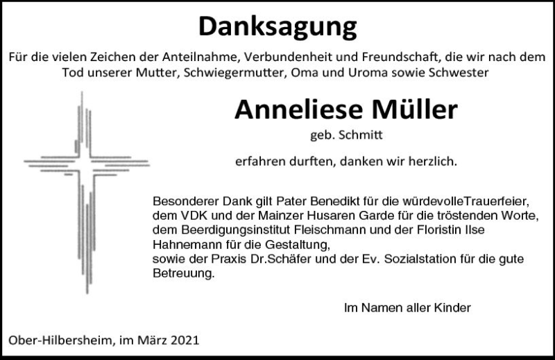  Traueranzeige für Anneliese Müller vom 20.03.2021 aus vrm-trauer