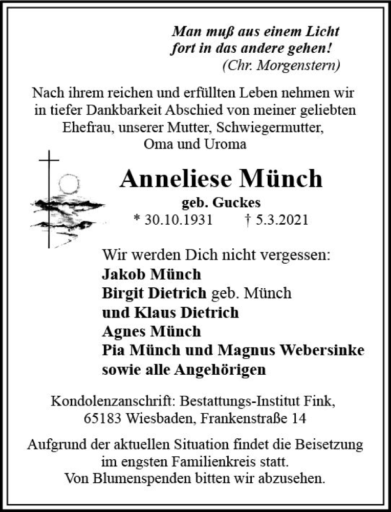 Traueranzeige für Anneliese Münch vom 13.03.2021 aus vrm-trauer