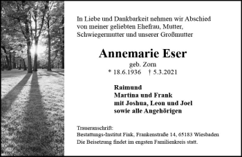Traueranzeige von Annemarie Eser von vrm-trauer