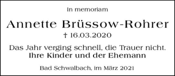 Traueranzeige von Annette Brüssow-Rohrer von vrm-trauer