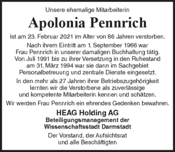 Traueranzeige von Apolonia Pennrich von vrm-trauer