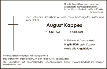 Traueranzeige von August Kappes von vrm-trauer