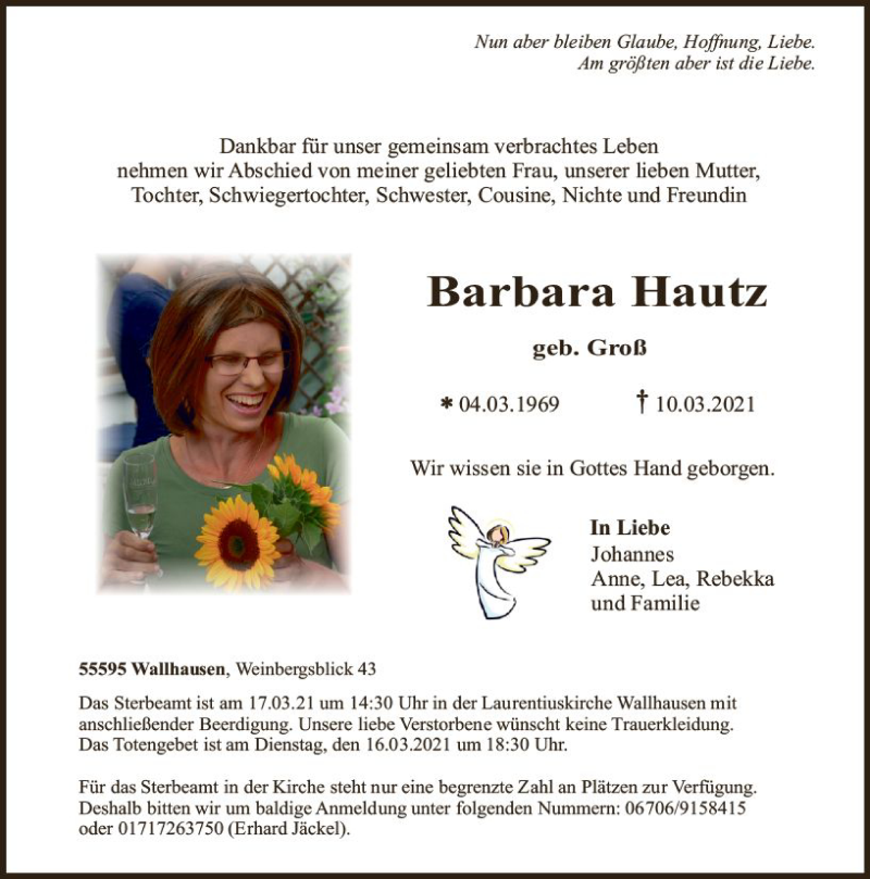  Traueranzeige für Barbara Hautz vom 13.03.2021 aus vrm-trauer