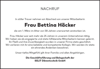 Traueranzeige von Bettina Häcker von vrm-trauer
