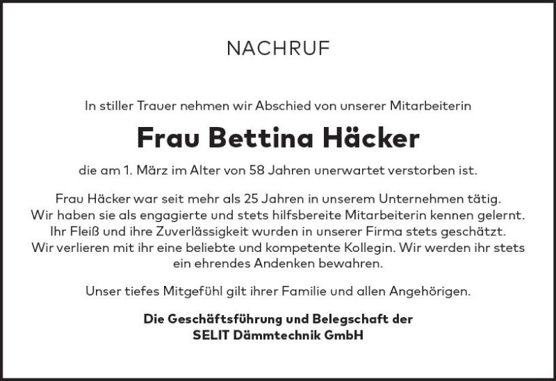  Traueranzeige für Bettina Häcker vom 20.03.2021 aus vrm-trauer