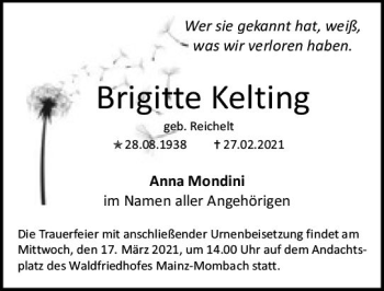 Traueranzeige von Brigitte Kelting von vrm-trauer