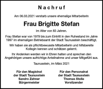 Traueranzeige von Brigitte Stefan von vrm-trauer