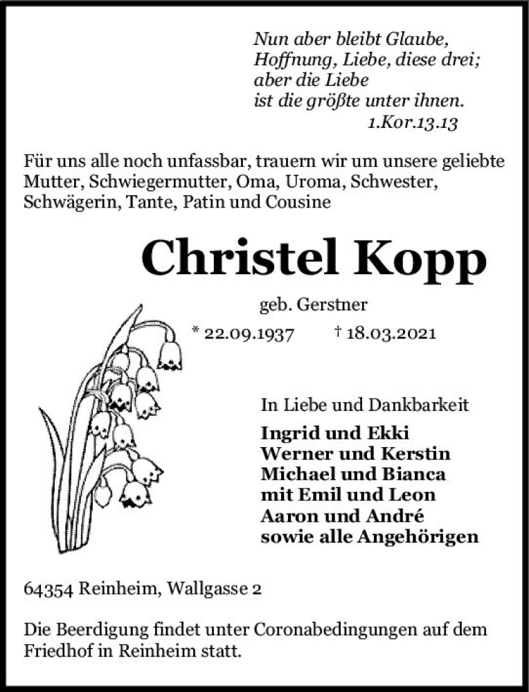  Traueranzeige für Christel Kopp vom 22.03.2021 aus vrm-trauer