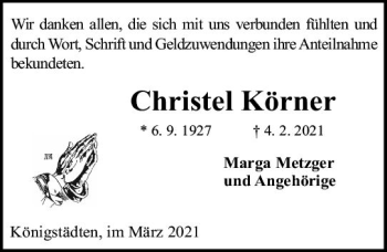 Traueranzeige von Christel Körner von vrm-trauer