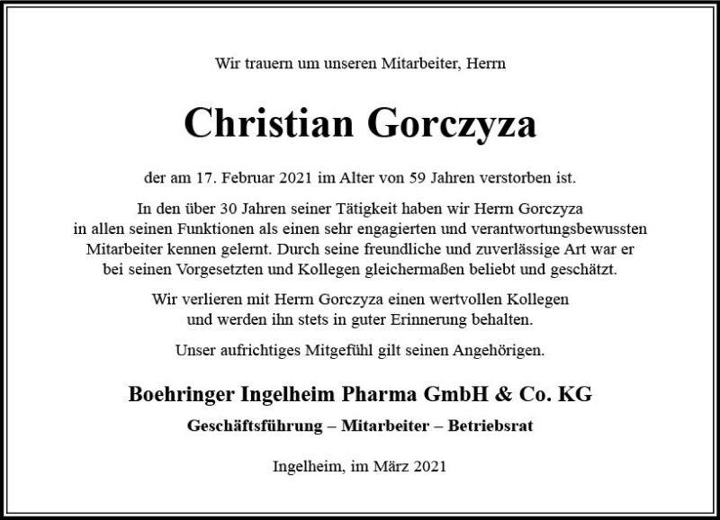  Traueranzeige für Christian Gorczyza vom 06.03.2021 aus vrm-trauer