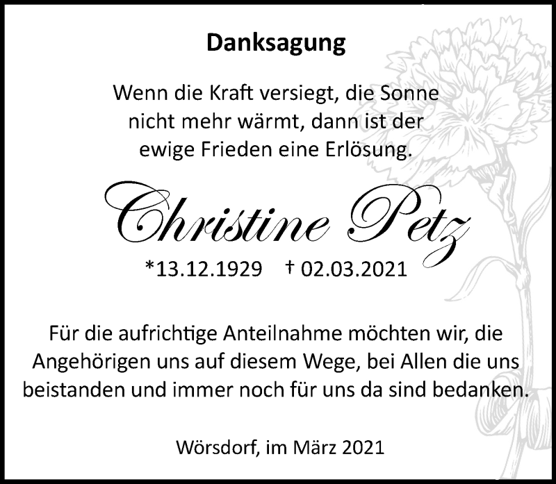  Traueranzeige für Christine Petz vom 27.03.2021 aus vrm-trauer