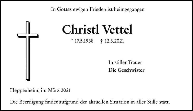  Traueranzeige für Christl Vettel vom 16.03.2021 aus vrm-trauer