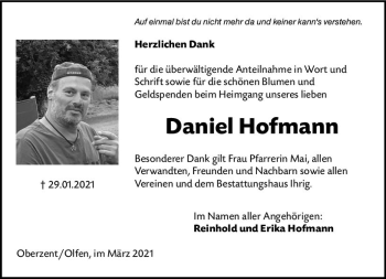 Traueranzeige von Daniel Hofmann von vrm-trauer
