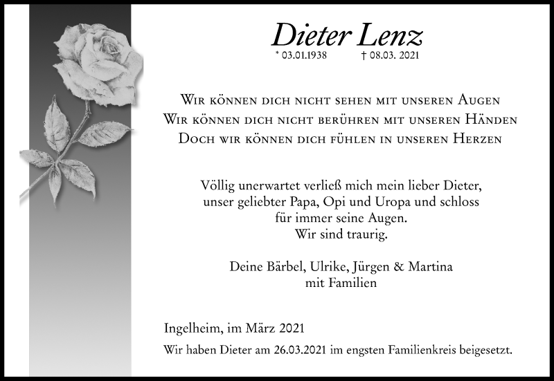  Traueranzeige für Dieter Lenz vom 27.03.2021 aus vrm-trauer
