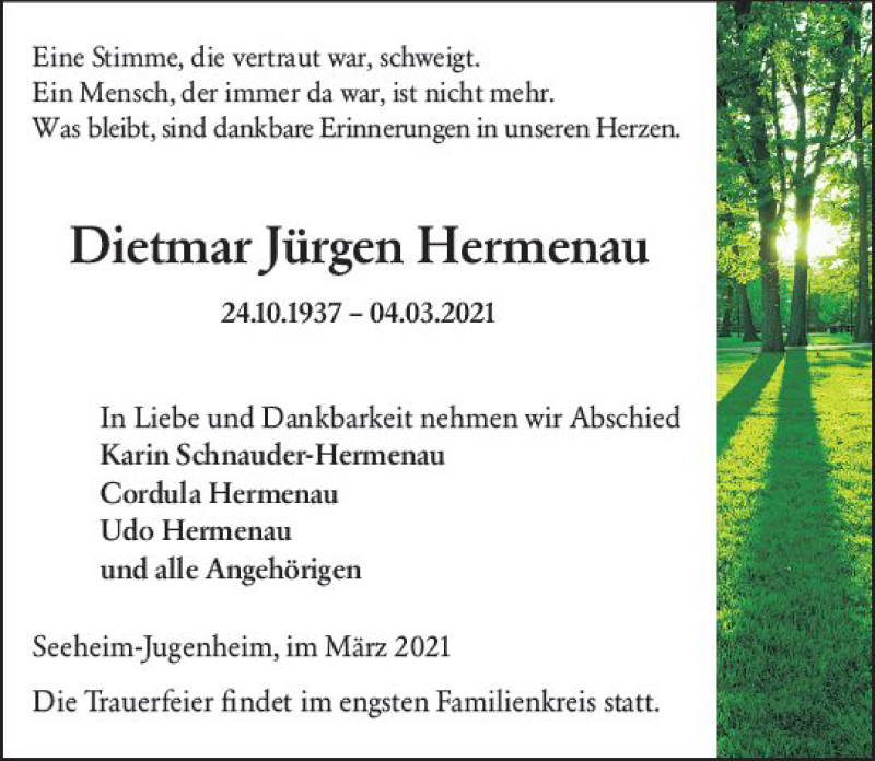  Traueranzeige für Dietmar Jürgen Hermenau vom 13.03.2021 aus vrm-trauer