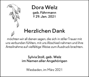 Traueranzeige von Dora Welz von vrm-trauer