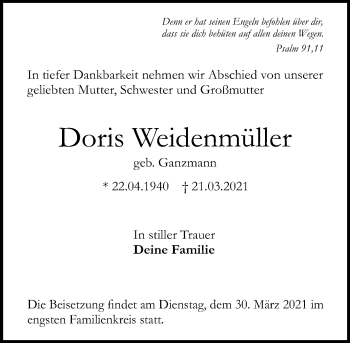 Traueranzeige von Doris Weidenmüller von vrm-trauer