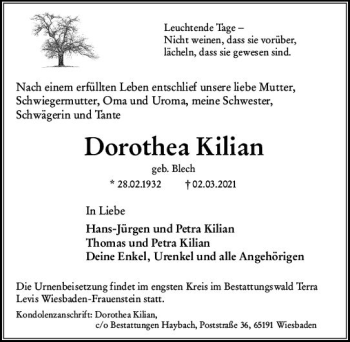 Traueranzeige von Dorothea Kilian von vrm-trauer