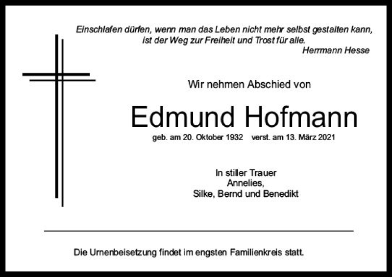  Traueranzeige für Edmund Hofmann vom 20.03.2021 aus vrm-trauer
