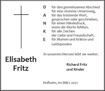 Traueranzeige von Elisabeth Fritz von vrm-trauer