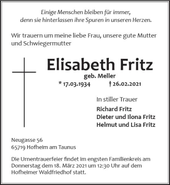 Traueranzeige von Elisabeth Fritz von vrm-trauer