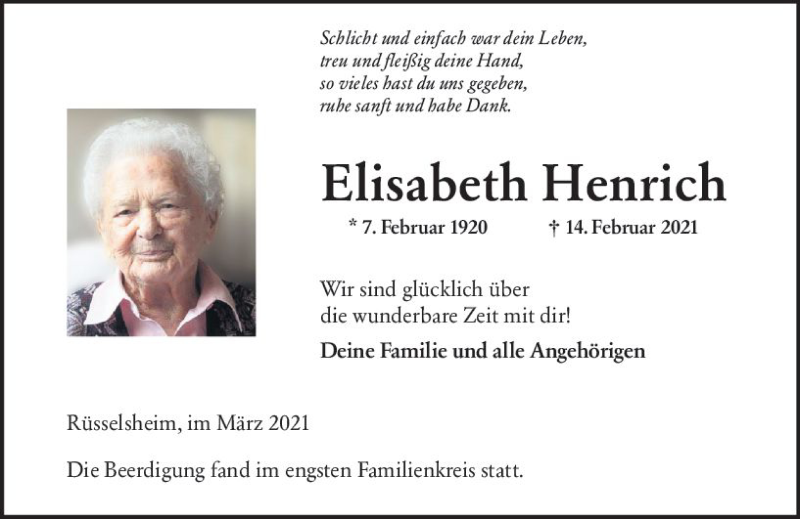  Traueranzeige für Elisabeth Henrich vom 06.03.2021 aus vrm-trauer