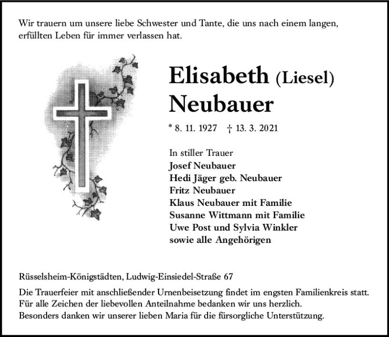  Traueranzeige für Elisabeth Neubauer vom 20.03.2021 aus vrm-trauer
