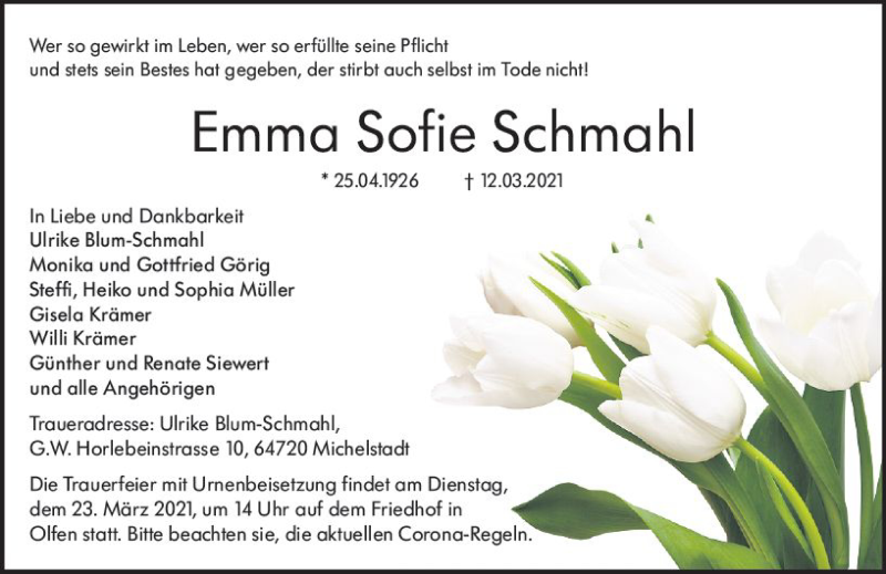  Traueranzeige für Emma Sofie Schmahl vom 20.03.2021 aus vrm-trauer